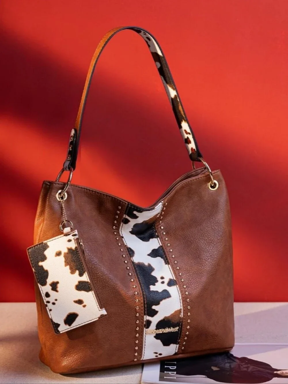 Brown Cowhide Accent Hobo Bag with Card Pouch